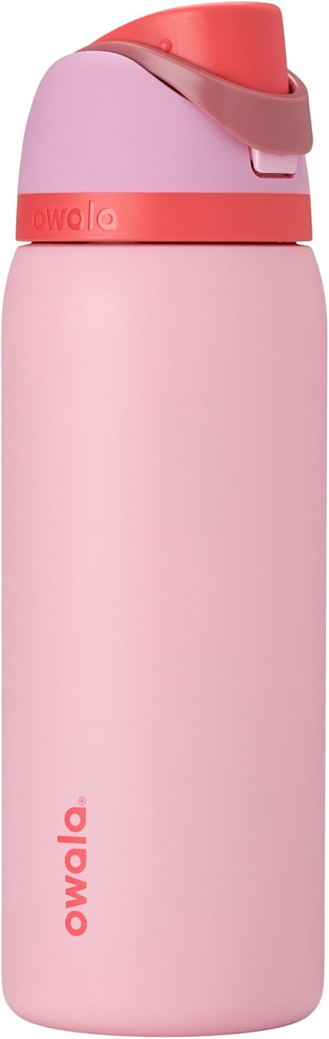 Owala FreeSip Insulated Stainless Steel Water Bottle with Straw for Sports and Travel, BPA-Free Sports Water Bottle, 24 oz, Pink, Angel Food Cake