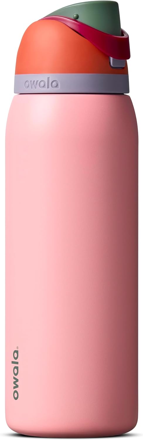 Owala FreeSip Insulated Stainless Steel Water Bottle with Straw for Sports and Travel, BPA-Free Sports Water Bottle, 24 oz, Pink, Angel Food Cake